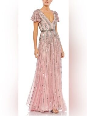 Mac Duggal Pink Sequin Embellished V‑Neck Maxi Dress Size 2 (Read Description)